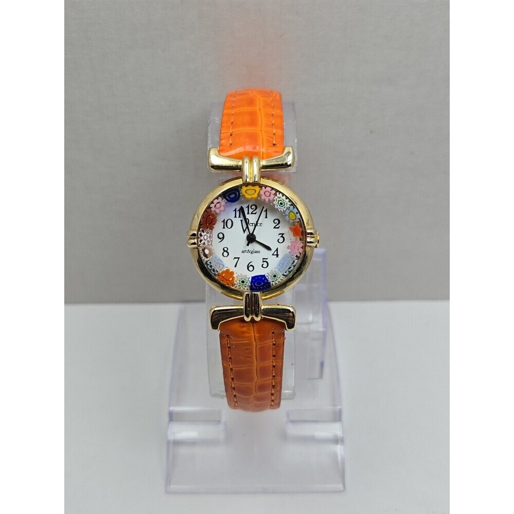 Venice Art Glass Murano Millefiori Gold Tone Orange Round Wristwatch New Battery